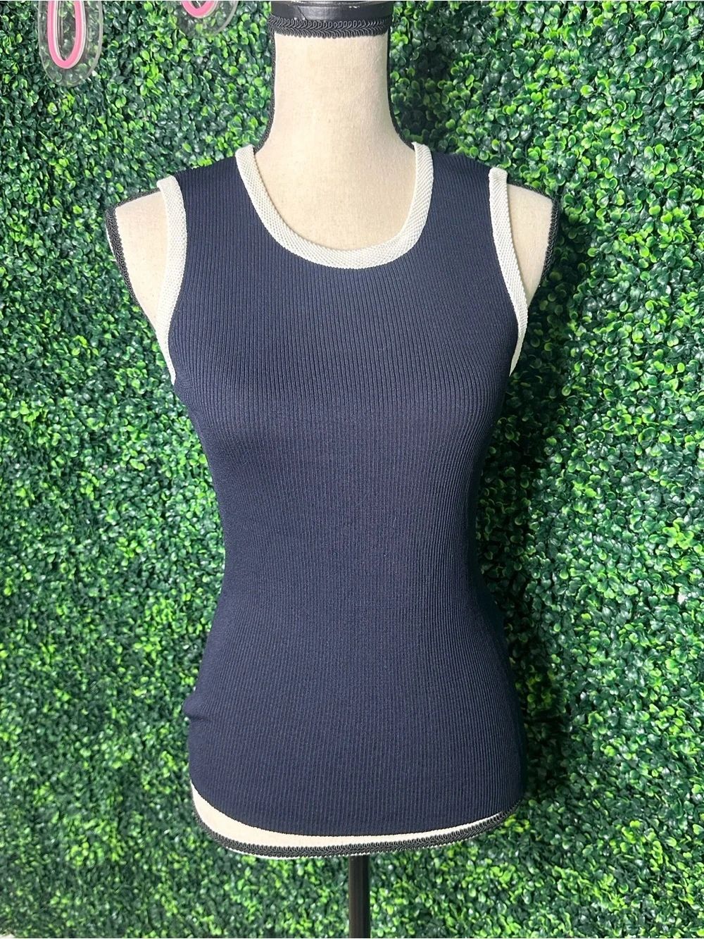 Anne Klein Ribbed Knit Tank Top Blue Ivory Trim Size Medium
